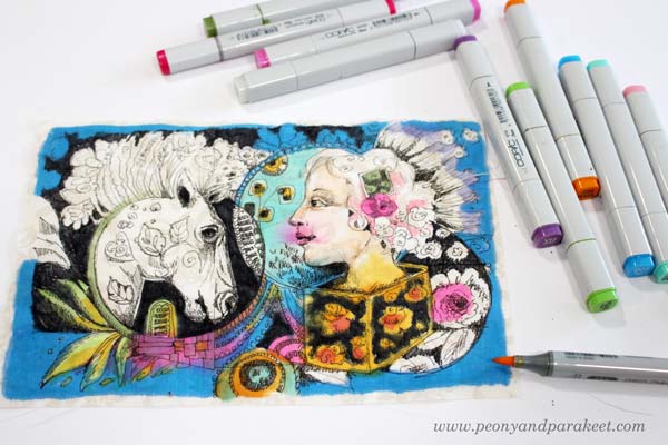 Drawing on fabric with Copics by Paivi Eerola from Peony and Parakeet. 