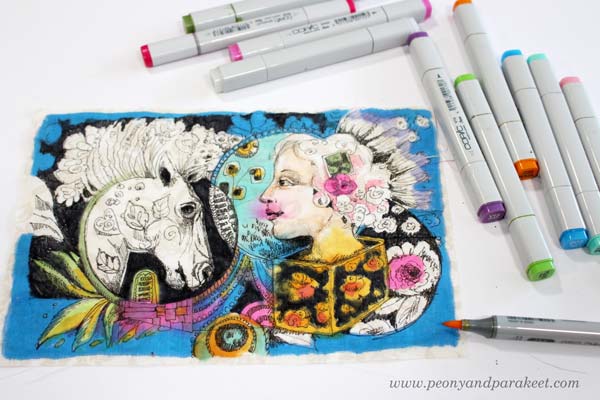 Drawing on fabric with Copics by Paivi Eerola from Peony and Parakeet.
