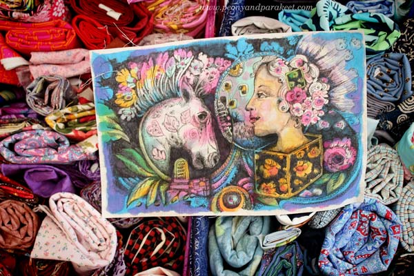 Hand-drawn image on fabric by Paivi Eerola from Peony and Parakeet