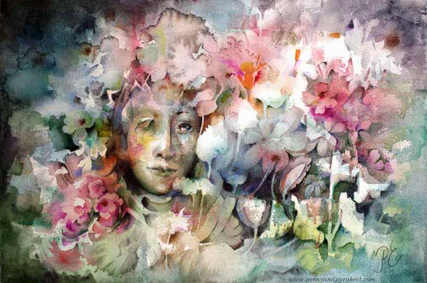 Cherimona / Symbiosis II, a watercolor painting by Paivi Eerola, Finland. See how she paints watercolor fairies!