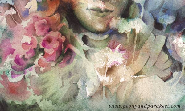 A detail of a watercolor painting by Paivi Eerola of Peony and Parakeet.