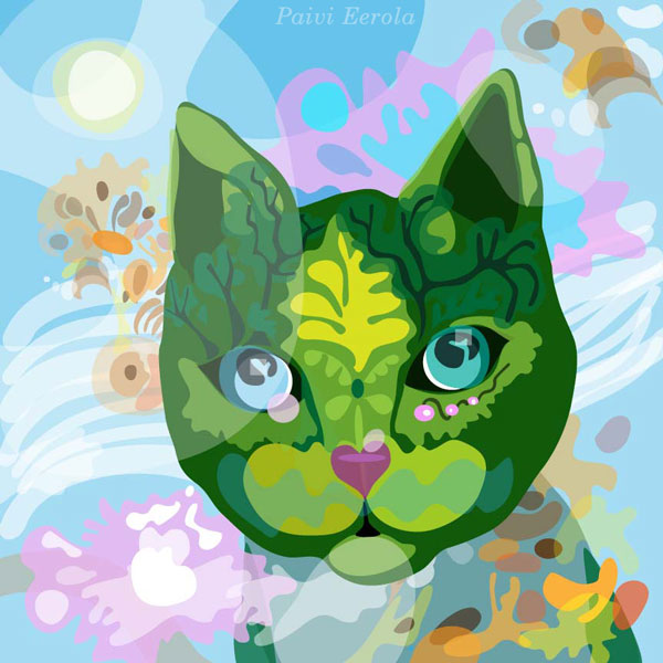 A cat illustration by Paivi Eerola of Peony and Parakeet.