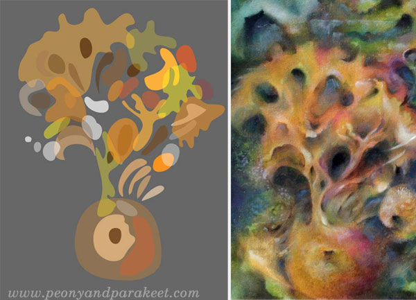 Drawing a design from an oil painting. By Paivi Eerola of Peony and Parakeet.