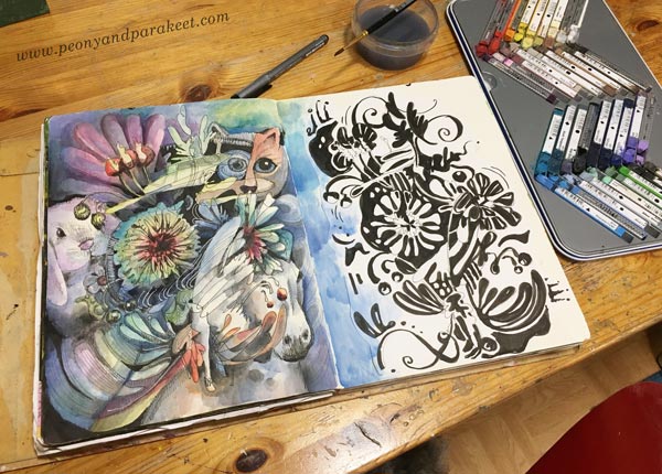 Art journaling by Paivi Eerola of Peony and Parakeet.