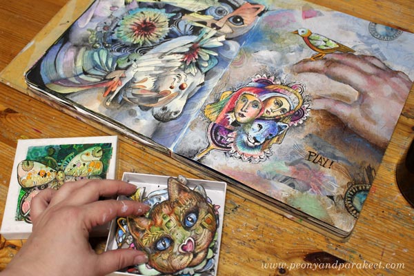 Art journaling and drawing collage pieces by Paivi Eerola of Peony and Parakeet.