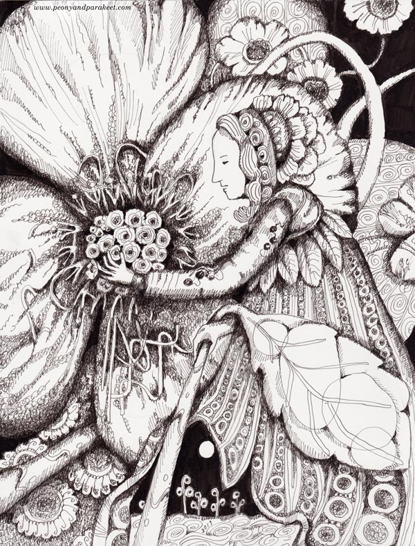 Black and white fairy drawing by Paivi Eerola of Peony and Parakeet. See how this changes when a hand-drawn frame is added to it!