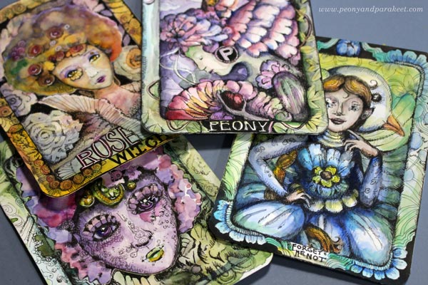 Hand-drawn floral playing cards by Paivi Eerola of Peony and parakeet