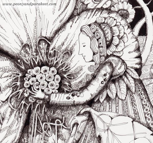 Drawing flowers. A detail of an illustration by Paivi Eerola.