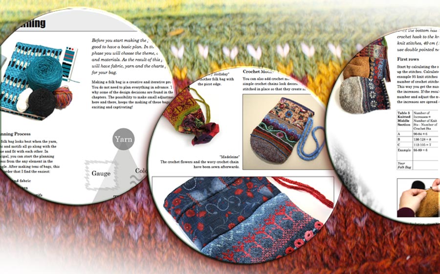Folk Bag Workbook, a knitting pattern for folk style drawstring pouches