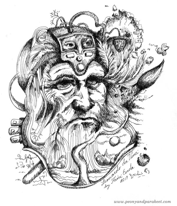 Portrait of Leonardo da Vinci. Ink drawing by Paivi Eerola of Peony and parakeet.