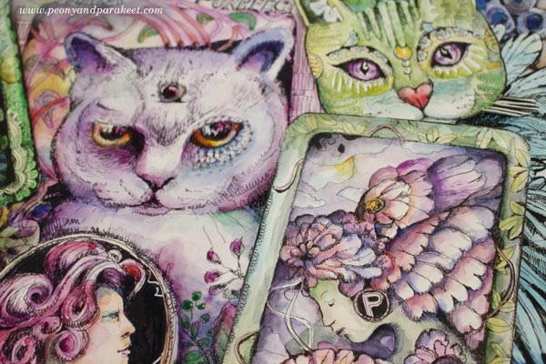 Magical art hand-drawn by Paivi Eerola of Peony and Parakeet.