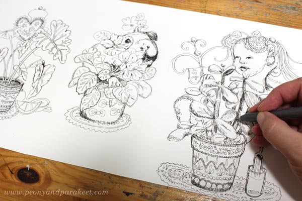 Drawing collage elements. By Paivi Eerola of Peony and parakeet.