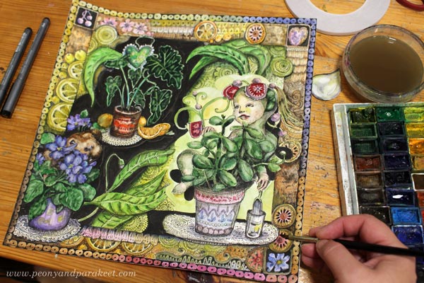 Coloring an illustration with watercolors. By Paivi Eerola of Peony and Parakeet.