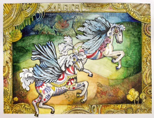 Hand-drawn collage art by paivi Eerola of Peony and Parakeet. Sign up for her class Magical Inkdom to draw fun fantasy art!