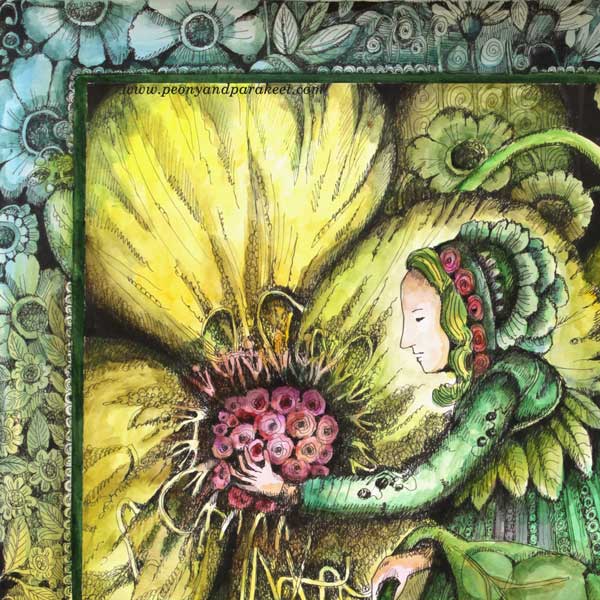 Flower Gardener's Dream, a detail. Illustration by Paivi Eerola of Peony and Parakeet.