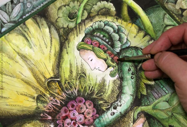Coloring an ink drawing with watercolors. By Paivi Eerola of Peony and Parakeet.