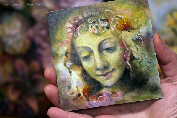 A miniature oil painting by Paivi Eerola of Peony and Parakeet.