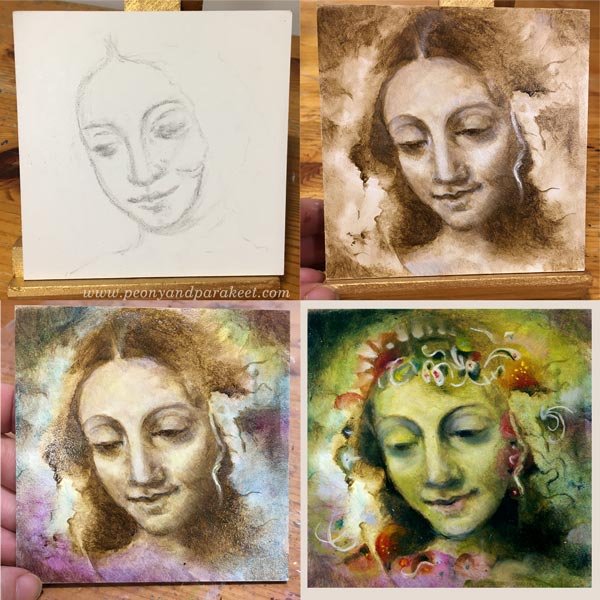 Making of a miniature oil painting by Paivi Eerola of Peony and Parakeet.