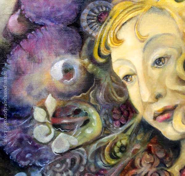 A detail of "Heaven and Earth", an oil painting by Paivi Eerola of Peony and Parakeet. read about her blog post about painting a personal mystery.