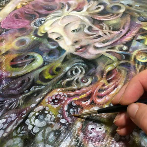 Oil painting in progress. By Paivi Eerola of Peony and Parakeet.