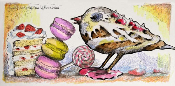 Bird and desserts. Illustration by Paivi Eerola. Read her post about how to get out of creative rut by thinking what illustrators would do.