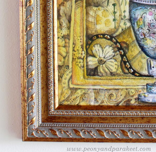 Framing art. A drawing by Paivi Eerola of Peony and Parakeet.
