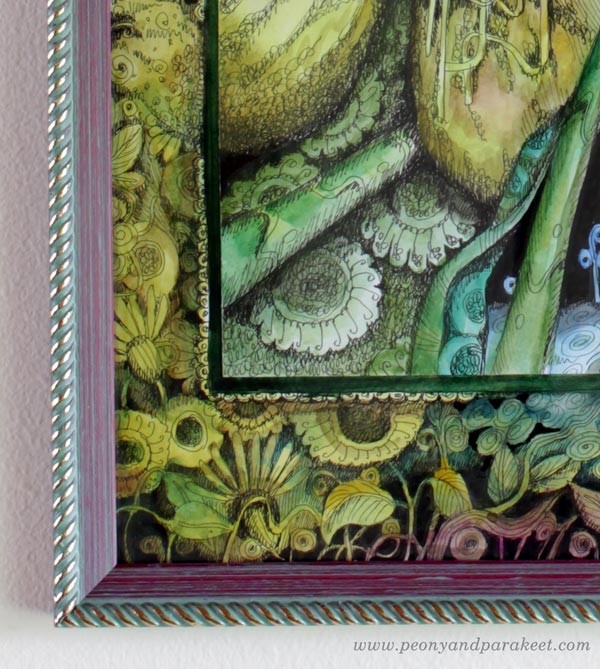 Framing art. A drawing by Paivi Eerola of Peony and Parakeet.