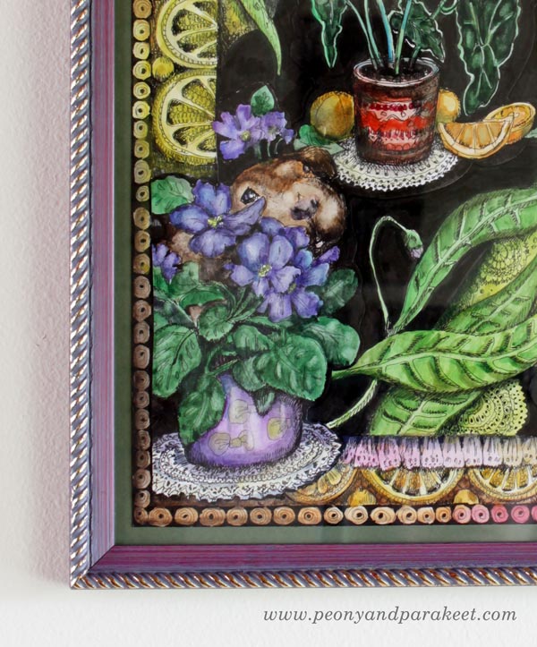 Framing art. A drawing by Paivi Eerola of Peony and Parakeet.
