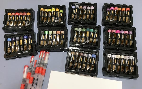 Arteza gouache paints, Arteza water brushes, Arteza watercolor paper.