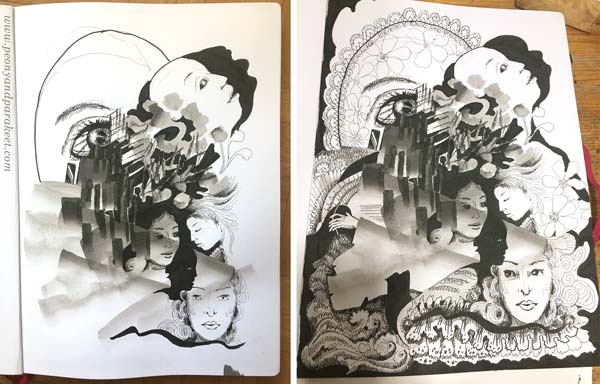 Before and after decoration- Ink drawing in progress. By Paivi Eerola of Peony and Parakeet.