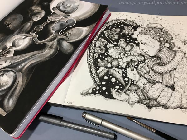 Sketchbook pages from art prompts. Made by artist Paivi Eerola, Finland.
