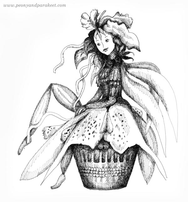 Overgrown flower fairy. Illustration by Paivi Eerola of Peony and Parakeet.