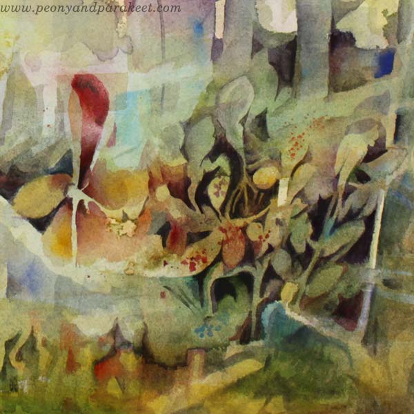 A detail of a watercolor painting. By Paivi Eerola of Peony and Parakeet.