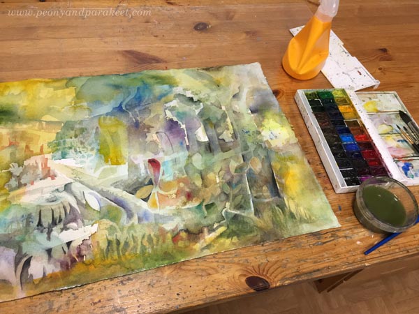 A fantasy forest in progress. A watercolor painting by Paivi Eerola of Peony and Parakeet.