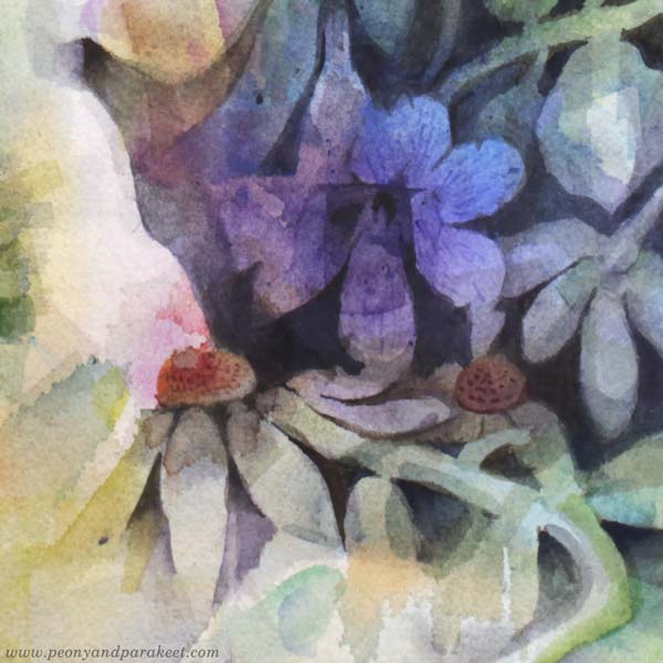 A detail of a watercolor painting called "Ujokki / Shyeling" by Paivi Eerola of Peony and Parakeet.