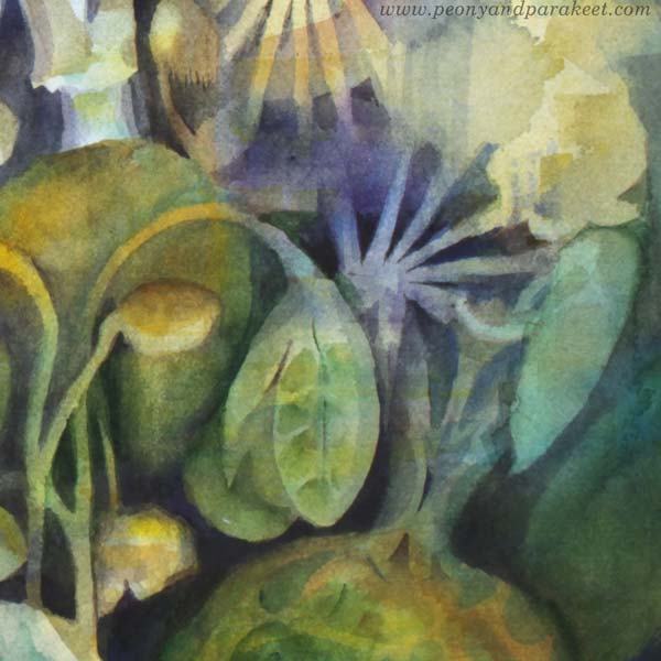 A detail of a watercolor painting called "Ujokki / Shyeling" by Paivi Eerola of Peony and Parakeet.