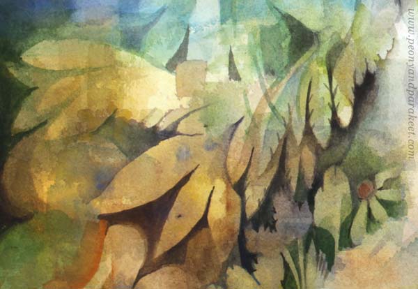 A detail of a watercolor painting called "Ujokki / Shyeling" by Paivi Eerola of Peony and Parakeet.