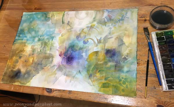 A watercolor painting in progress. Expressing with light and shadows. By Paivi Eerola of Peony and Parakeet.