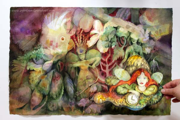 Matching an intuitive with an intentional painting by Paivi Eerola of Peony and Parakeet.