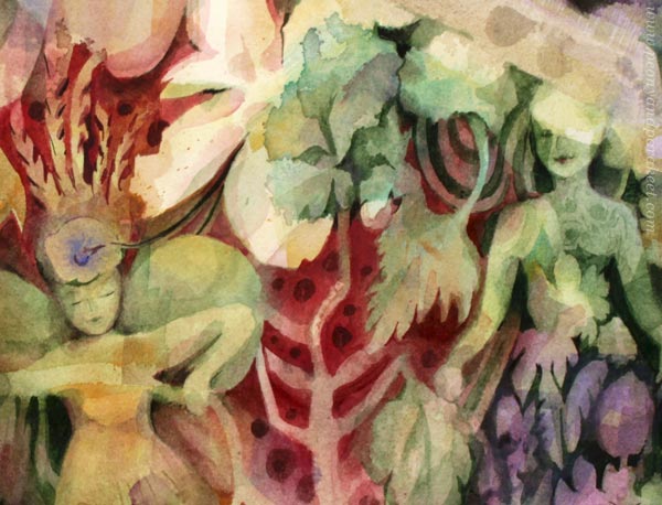 A detail of a watercolor painting by Paivi Eerola of Peony and Parakeet.