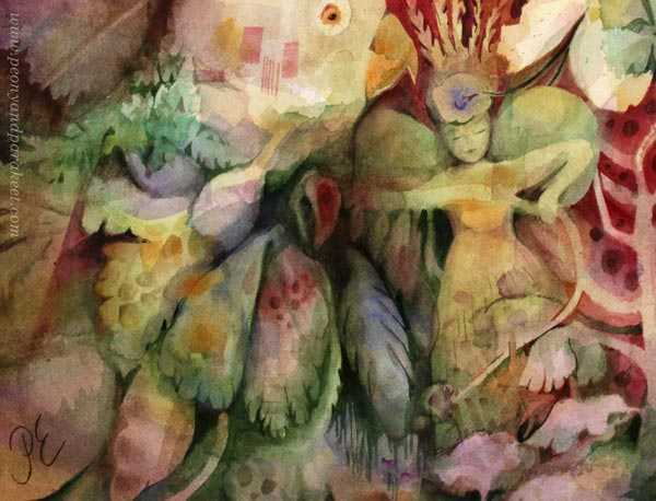 A detail of a watercolor painting by Paivi Eerola of Peony and Parakeet.