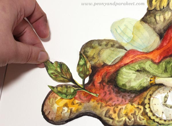 Painting collage pieces with watercolors by Paivi Eerola of Peony and Parakeet.