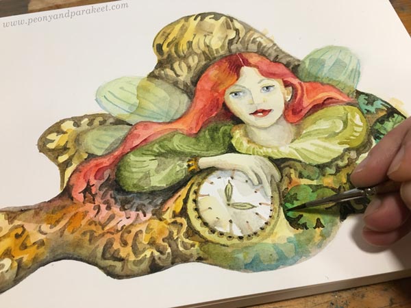 Fairy watercolor painting in progress. By Paivi Eerola of Peony and Parakeet.