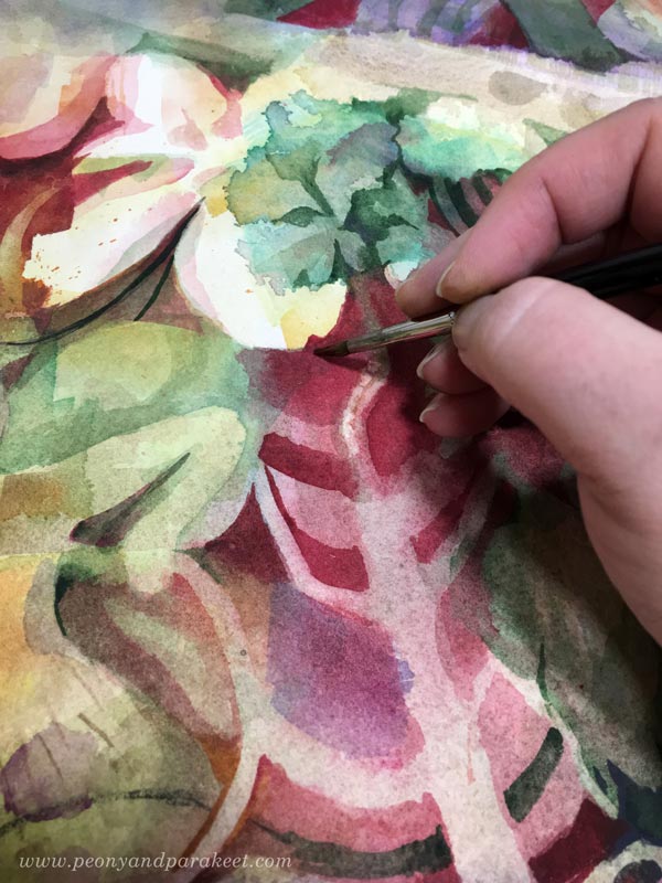 Watercolor painting in progress. Finishing intuitive art. By Paivi Eerola of Peony and Parakeet.
