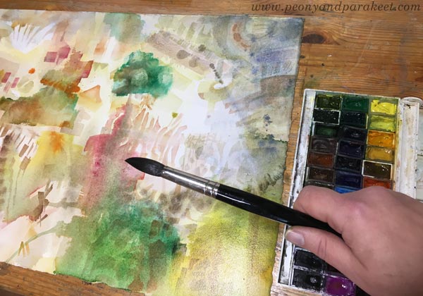 Creating intuitive art. Splashing paint and painting freely with watercolors. By Paivi Eerola of Peony and Parakeet.