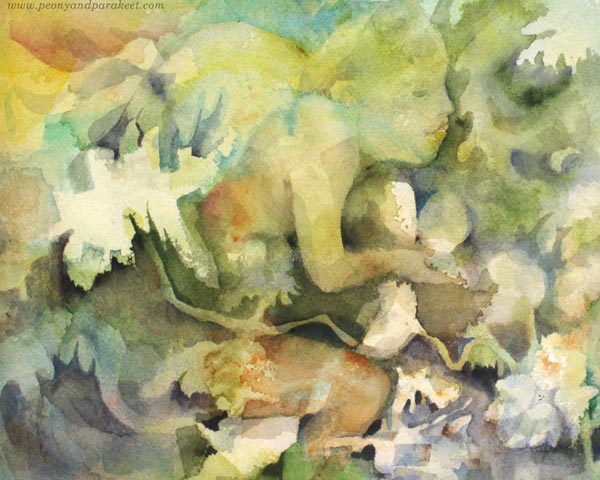 Aquanora. A detail of a watercolor painting by Paivi Eerola of Peony and Parakeet.