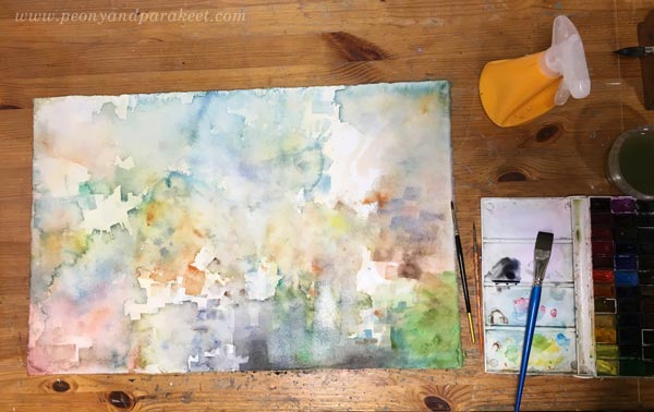 A watercolor painting in progress. By Paivi Eerola of Peony and Parakeet.