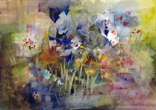 Cobalt Blue Spectral, a watercolor study by Paivi Eerola of Peony and Parakeet.