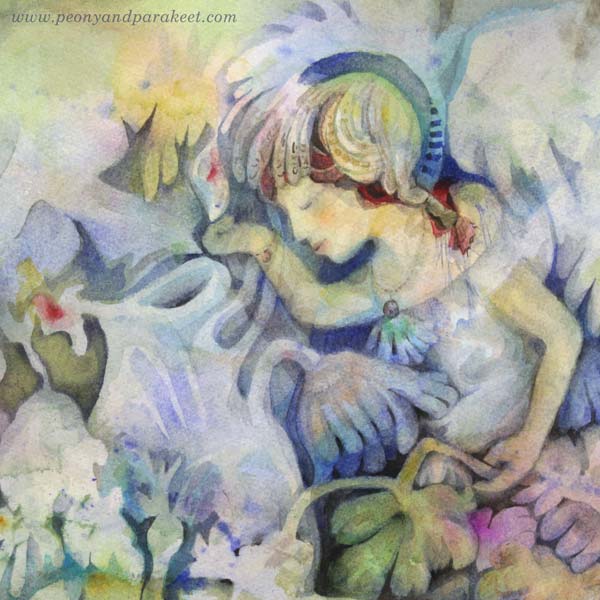 A detail of "Mirimer" - a watercolor fairy painting by Paivi Eerola of Peony and Parakeet. Read about how to paint imaginary people and their soul.