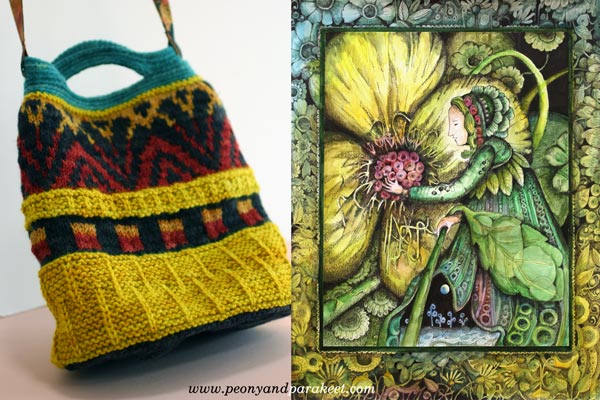 A knitted bag designed by Paivi Eerola and her drawing. Read about how she sets creative goals and sees her creativity as a fantasy world!